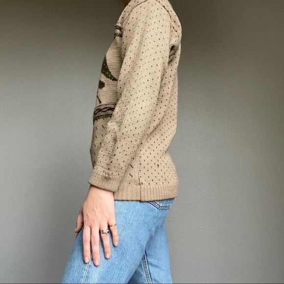 Vintage Women’s Espirt Tan Green Wool Blend Bird Mock Neck Sweater Sz S - Picture 5 of 8